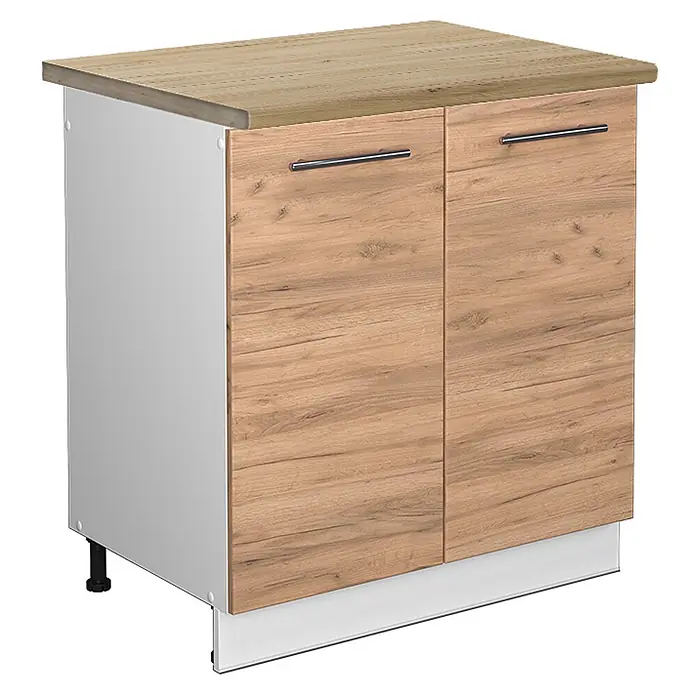 Vicco Schrankküche Fame-Line Goldkraft Eiche, AP Eiche - Goldkraft Eiche, Spülenunterschrank 80 cm, AP Eiche - Küchenunterschrank mit zwei Holzoptik-Türen, passender Platte, weißen Seiten und Metallgriffen.