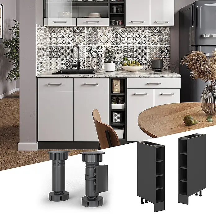 Vicco Schrankküche R-Line Anthrazit ohne Arbeitsplatte - Anthrazit, Regalunterschrank 15 cm - Moderne Küche mit weißen Schränken, dunkelgrauen verstellbaren Füßen und schmalen Regalelementen.