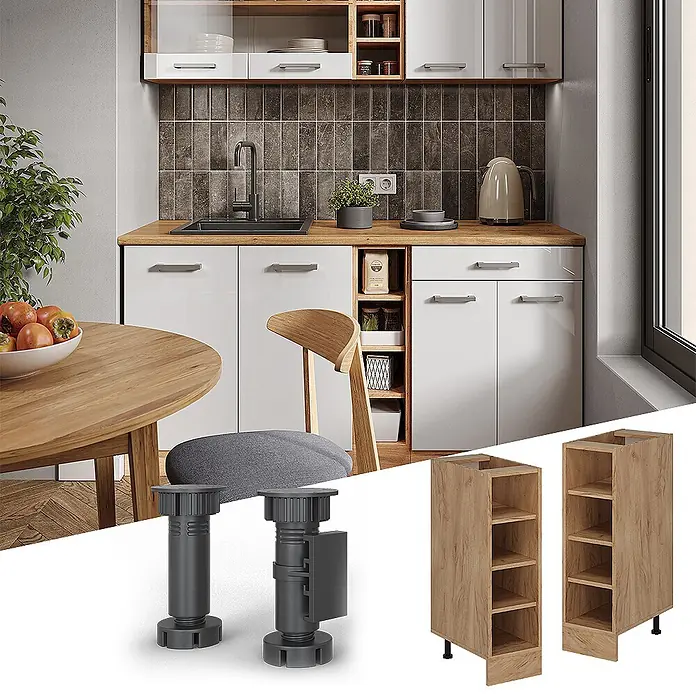 Vicco Schrankküche R-Line Goldkraft Eiche ohne Arbeitsplatte - Goldkraft Eiche, Regalunterschrank 25 cm - Verstellbare graue Schrankbeine und zwei offene Regaleinheiten aus hellem Holz, konzipiert für die Integration in Küchenschränke.