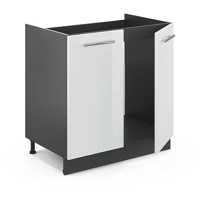 Vicco Schrankküche Fame-Line Weiß Hochglanz, AP Eiche - Weiß Hochglanz, Spülenunterschrank 80 cm, AP Eiche - Dunkelgrauer Unterschrank mit weißen Hochglanztüren und Chromgriffen, eine Tür offen, mit verstellbaren Füßen.