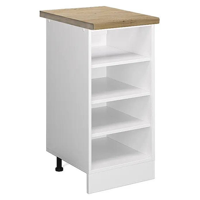 Vicco Schrankküche R-Line Weiß, AP Eiche - Weiß, Regalunterschrank 40 cm, AP Eiche - Weißer Küchenunterschrank mit offenen Regalen und heller Holzoptik-Arbeitsplatte.