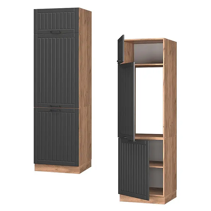 Vicco Schrankküche Fame-Line Dunkelgrau - Dunkelgrau, Kühlumbauschrank 60 cm - Hoher zweifarbiger Schrank mit dunkelgrauen Lamellentüren und Holzmaserungsrahmen, mit Gerätenische und Ablagefächern.