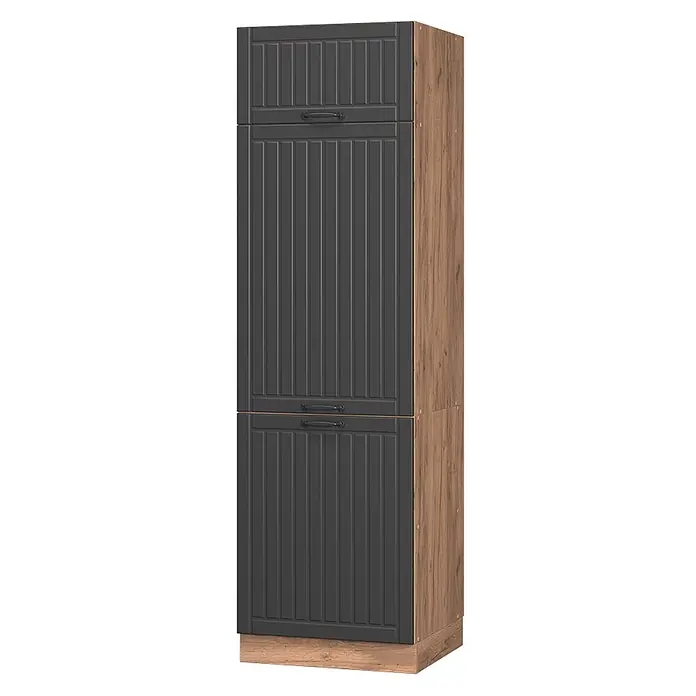 Vicco Schrankküche Fame-Line Dunkelgrau - Dunkelgrau, Kühlumbauschrank 60 cm - Hoher, dunkelgrauer gerippter Vorratsschrank mit Holzseiten und -sockel.