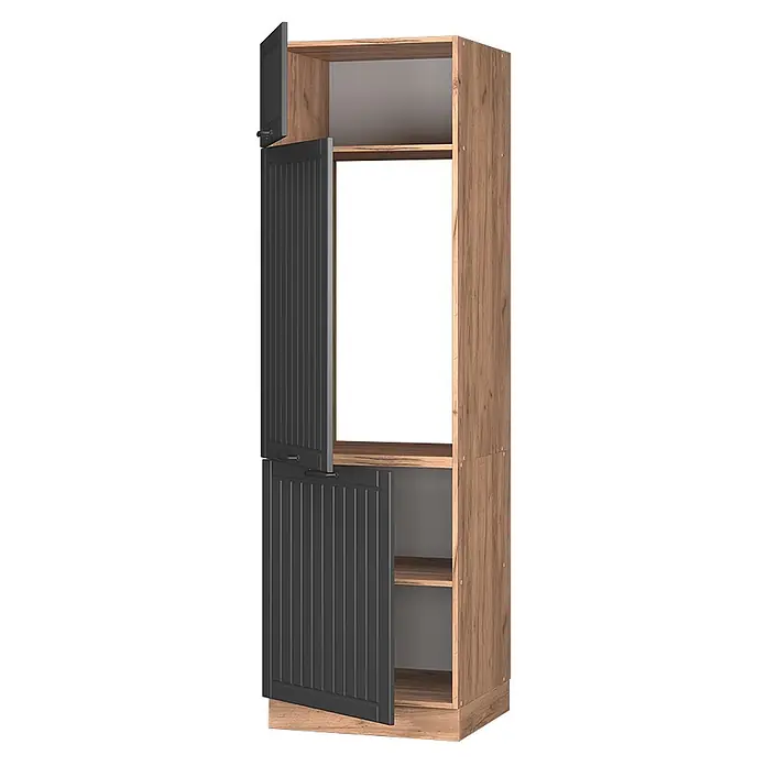 Vicco Schrankküche Fame-Line Dunkelgrau - Dunkelgrau, Kühlumbauschrank 60 cm - Hoher Holzschrank mit dunkelgrauen Lamellentüren, mit offenen Fächern und geschlossenem Stauraum.