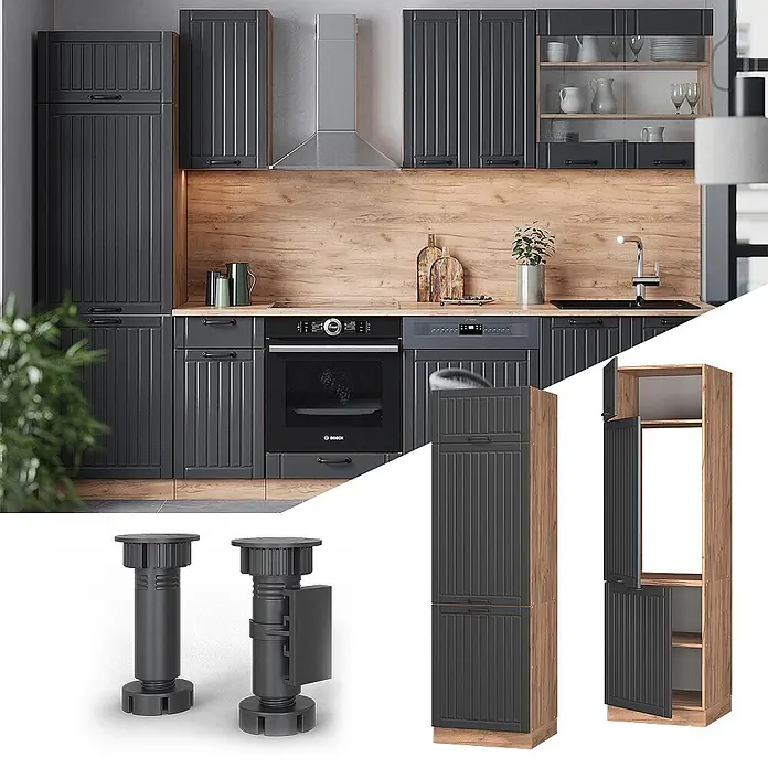 Vicco Schrankküche Fame-Line Dunkelgrau - Dunkelgrau, Kühlumbauschrank 60 cm - Dunkelgraue geriffelte Küchenschränke mit Holzdetails und integrierten Geräten, inkl. verstellbaren Stützfüßen und einem hohen Schrank.