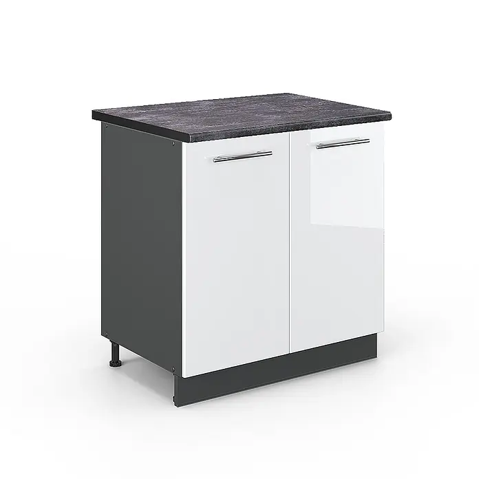 Vicco Schrankküche Fame-Line Weiß Hochglanz mit Regal, AP Anthrazit - Weiß Hochglanz, Unterschrank 80 cm - Zweitüriger Küchenunterschrank mit dunkelgrauem Korpus, weißen Hochglanztüren, Chromgriffen und dunkelgrauer Arbeitsplatte.