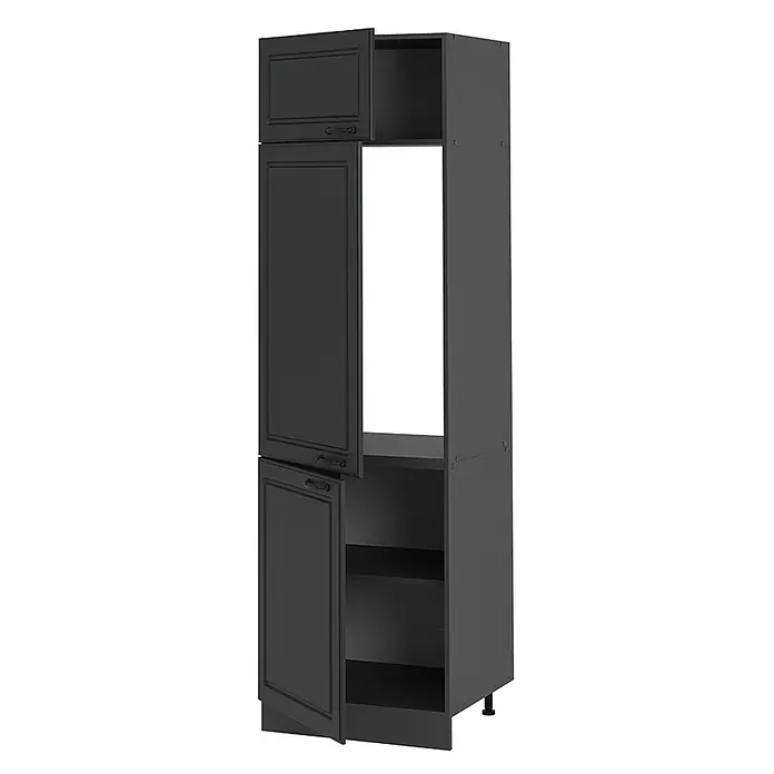 Vicco Kühlumbauschrank R-Line, Anthrazit Landhaus, 60 cm -  - Hoher schwarzer Küchenschrank mit offenem Mittelteil für ein Gerät und geschlossenen oberen und unteren Fächern mit Türen.