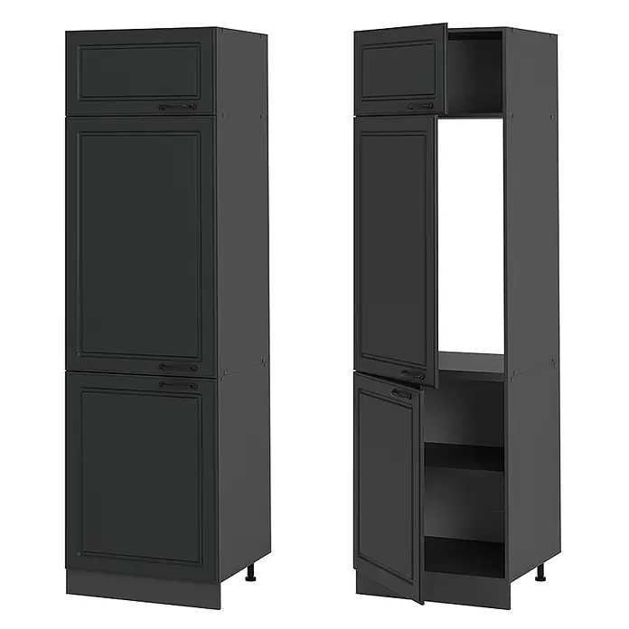 Vicco Kühlumbauschrank R-Line, Anthrazit Landhaus, 60 cm -  - Dunkelgrauer Hochschrank für die Küche, geschlossen und offen, zeigt Stauraum und Gerätefach.