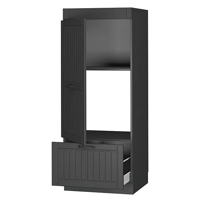 Vicco Schrankküche Fame-Line Dunkelgrau - Dunkelgrau, Mikrowellenumbauschrank 60 cm - Dunkelgrauer Hochschrank mit geriffelten Türen und offener Schublade, mit Platz für ein Einbaugerät.