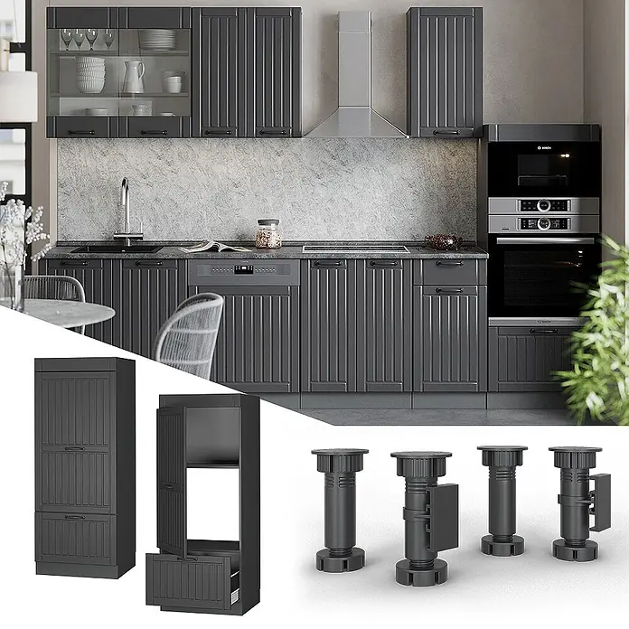 Vicco Schrankküche Fame-Line Dunkelgrau - Dunkelgrau, Mikrowellenumbauschrank 60 cm - Dunkelgraue Küchenschränke mit gerilltem Design, in einer modernen Küche und als Einzelmodule mit verstellbaren Beinen.