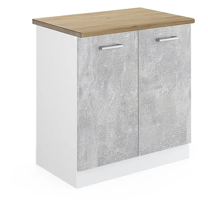 Vicco Schrankküche R-Line Beton, AP Eiche - Beton, Spülenunterschrank 80 cm - Kleiner Schrank mit heller Holzplatte, weißem Rahmen und grauen Betonoptik-Türen mit silbernen Griffen.