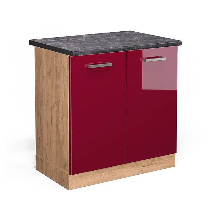 Vicco Schrankküche R-Line Rot Hochglanz, AP Anthrazit - Rot Hochglanz, Spülenunterschrank 80 cm, AP Anthrazit - Kompakter Schrank mit dunkler Arbeitsplatte, glänzenden bordeauxroten Türen und hellen Holzseiten.
