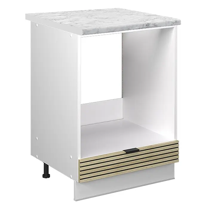 Vicco Schrankküche Fame-Line Eiche Paneel, AP Marmor - Eiche Paneel, Herdumbauschrank 60 cm, AP Marmor - Weißer Unterschrank mit Marmoroptik-Arbeitsplatte, offenem Fach und Lamellen-Holzschublade.