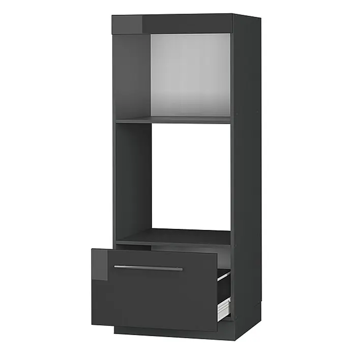 Vicco Schrankküche Fame-Line Anthrazit Hochglanz offen - Breite: 60 cm, Anthrazit Hochglanz, Mikrowellenumbauschrank 60 cm - Dunkelgrauer Hochschrank für die Küche mit Ofenfach und Schublade.