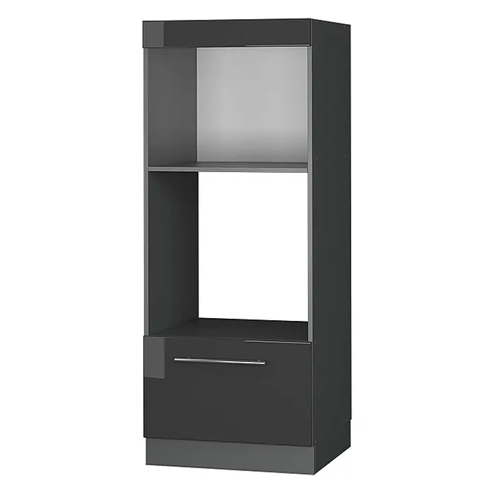 Vicco Schrankküche Fame-Line Anthrazit Hochglanz offen - Breite: 60 cm, Anthrazit Hochglanz, Mikrowellenumbauschrank 60 cm - Dunkelgrauer Geräteschrank mit zwei offenen Fächern und einer Schublade unten.