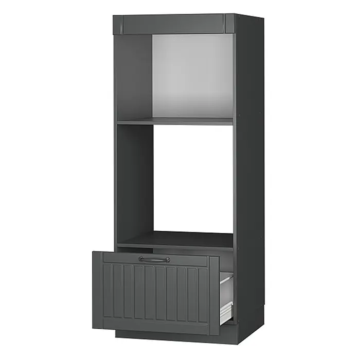 Vicco Schrankküche Fame-Line Dunkelgrau offen - Dunkelgrau, Mikrowellenumbauschrank 60 cm (offen) - Dunkelgrauer Hochschrank mit offenen Fächern für Geräte und teilweise geöffneter Schublade mit Rillenfront.
