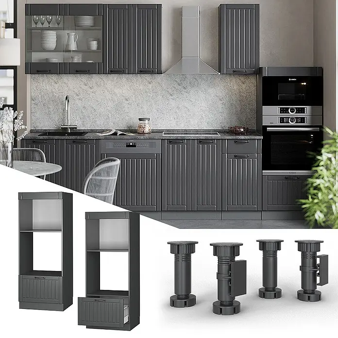 Vicco Schrankküche Fame-Line Dunkelgrau offen - Dunkelgrau, Mikrowellenumbauschrank 60 cm (offen) - Dunkelgraues geriffeltes modulares Küchenschranksystem, mit Hochschränken und verstellbaren Füßen.