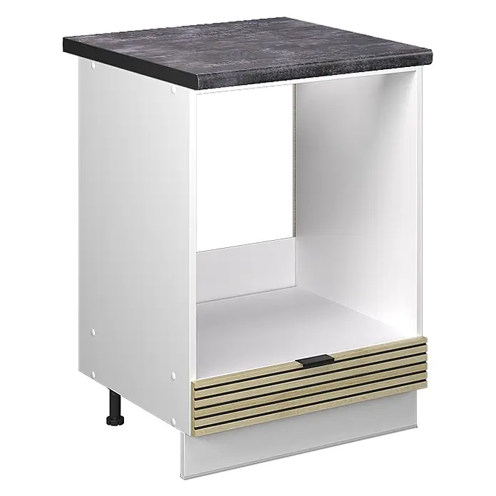 Vicco Schrankküche Fame-Line Eiche Paneel, AP Anthrazit - Eiche Paneel, Herdumbauschrank 60 cm, AP Anthrazit - Weißer Küchenunterschrank mit dunkler Arbeitsplatte, offenem Fach und Lamellen-Schublade.
