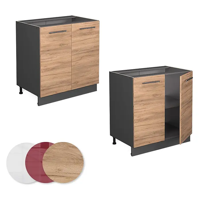 Vicco Schrankküche Fame-Line Goldkraft Eiche mit Regal, ohne Arbeitsplatte - Goldkraft Eiche, Unterschrank 80 cm - Zwei dunkelgraue Küchenunterschränke mit hellen Holzfronten, einer offen mit Regal. Inkl. Materialmuster.