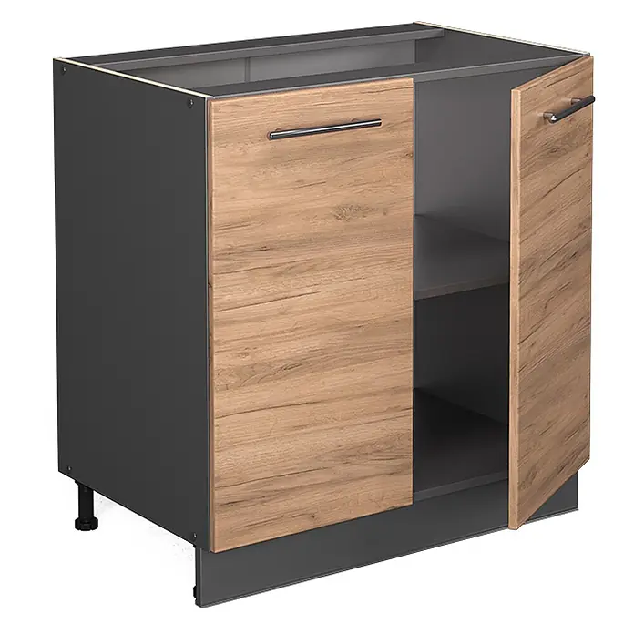 Vicco Schrankküche Fame-Line Goldkraft Eiche mit Regal, ohne Arbeitsplatte - Goldkraft Eiche, Unterschrank 80 cm - Dunkelgrauer Küchenunterschrank mit zwei hellbraunen Holzdekor-Türen, silbernen Griffen und einem Einlegeboden, auf schwarzen Stellfüßen.