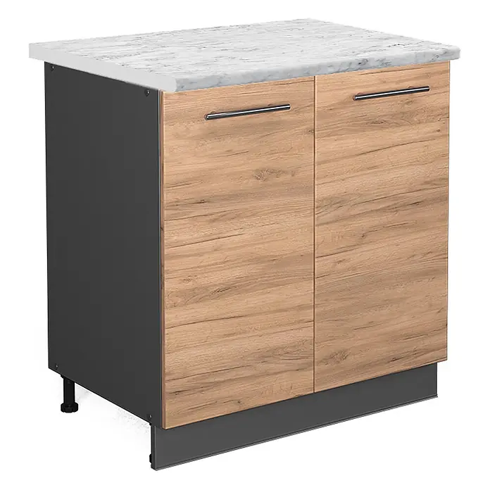 Vicco Schrankküche Fame-Line Goldkraft Eiche mit Regal, AP Marmor - Goldkraft Eiche, Unterschrank 80 cm, AP Marmor - Zweitüriger Küchenunterschrank in heller Holzoptik mit weißer Marmorplatte und dunkelgrauen Seiten und Sockel.