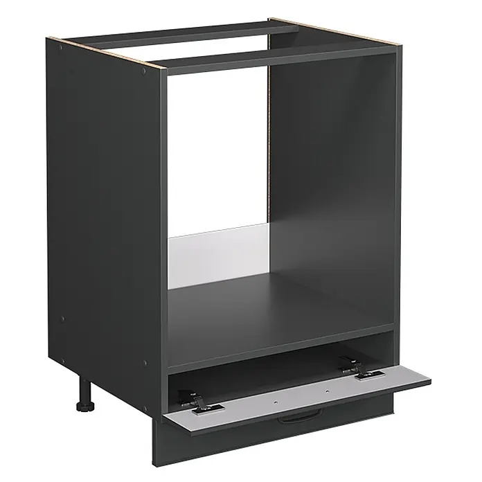 Vicco Schrankküche Fame-Line Dunkelgrau, AP Eiche - Dunkelgrau, Herdumbauschrank 60 cm, AP Eiche - Dunkelgrauer Unterschrankrahmen mit offenem Geräteraum und unterer Schublade.
