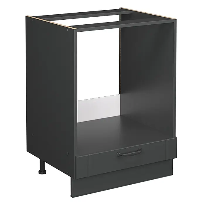 Vicco Schrankküche Fame-Line Dunkelgrau, AP Eiche - Dunkelgrau, Herdumbauschrank 60 cm, AP Eiche - Dunkelgrauer Unterschrank für Backofen mit offenem Fach, unterer Schublade mit Griff und verstellbaren Füßen.