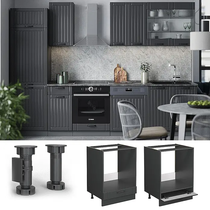 Vicco Schrankküche Fame-Line Dunkelgrau, AP Eiche - Dunkelgrau, Herdumbauschrank 60 cm, AP Eiche - Dunkelgraue Küche mit modularen Schränken mit vertikalen Paneelen, integrierten Geräten und sichtbaren verstellbaren Füßen.