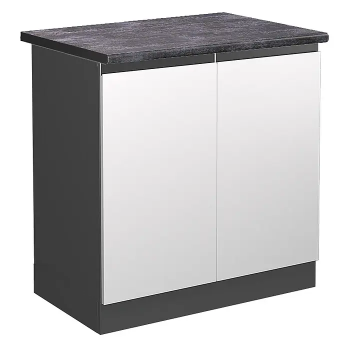 Vicco Spülenunterschrank R-Line, Weiß, 80 cm -  - Dunkelgrauer Zweitürer-Schrank mit weißen Fronten und dunkler strukturierter Arbeitsplatte.