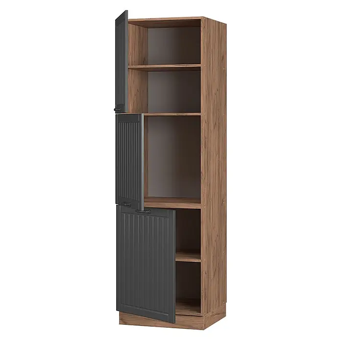 Vicco Schrankküche Fame-Line Dunkelgrau - Dunkelgrau, Vorratsschrank 60 cm - Hoher Holzschrank mit hellbrauner Oberfläche und dunkelgrauen Lamellentüren, von denen zwei offene Regalböden zeigen.