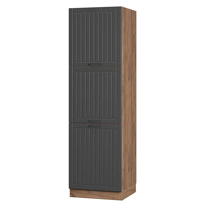 Vicco Schrankküche Fame-Line Dunkelgrau - Dunkelgrau, Vorratsschrank 60 cm - Hoher Anthrazitschrank mit drei Lamellentüren und rustikaler Holzoptik an Seitenwand und Sockel.