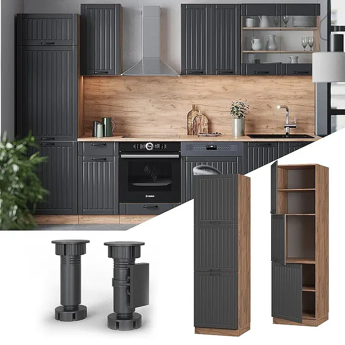 Vicco Schrankküche Fame-Line Dunkelgrau - Dunkelgrau, Vorratsschrank 60 cm - Modulares Küchensystem: Dunkelgraue geriffelte Schränke, Holzelemente, verstellbare Füße und ein hoher Vorratsschrank offen und geschlossen gezeigt.
