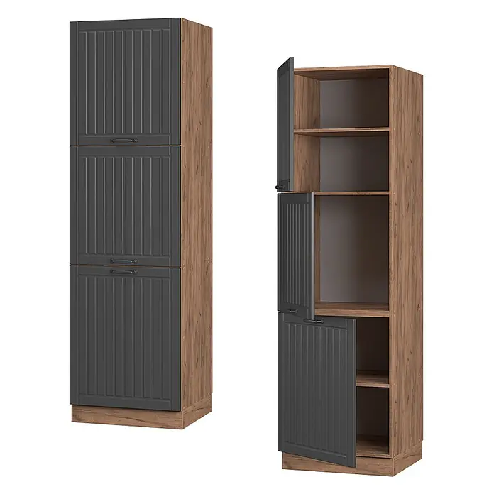 Vicco Schrankküche Fame-Line Dunkelgrau - Dunkelgrau, Vorratsschrank 60 cm - Zwei hohe Vorratsschränke mit dunkelgrauen Paneeltüren und hellem Holzdekor, einer offen mit Regalböden.