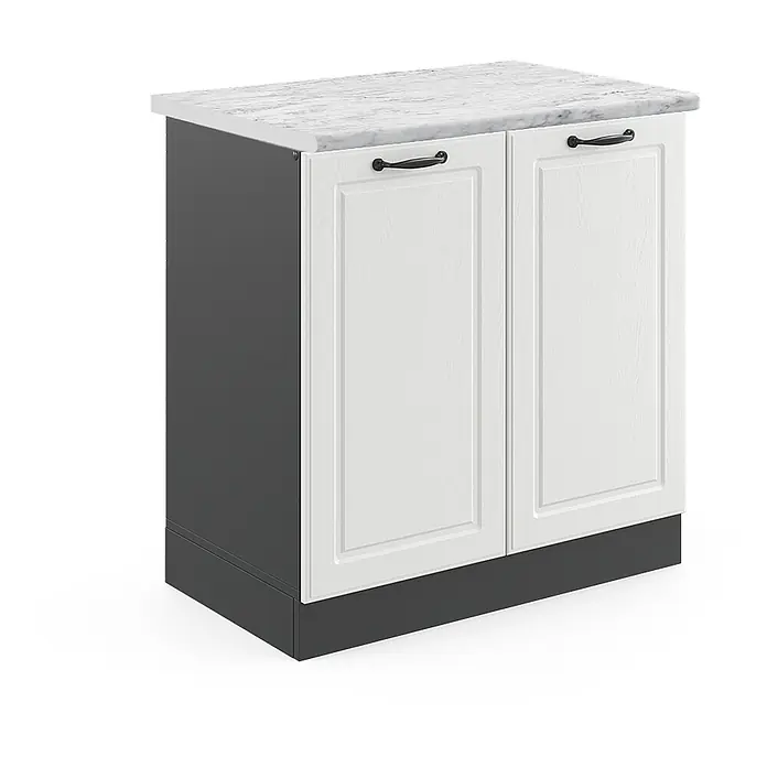 Vicco Schrankküche R-Line Weiß Landhaus, AP Marmor - Weiß Landhaus, Spülenunterschrank 80 cm - Küchenunterschrank mit weißen Kassettenfronten, dunkelgrauem Korpus und marmorierter Arbeitsplatte.