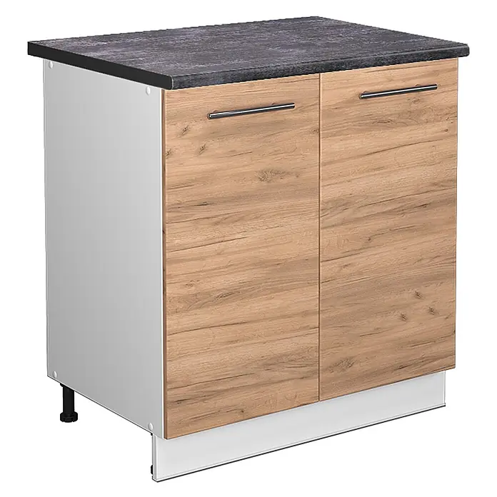 Vicco Schrankküche Fame-Line Goldkraft Eiche mit Regal, AP Anthrazit - Goldkraft Eiche, Unterschrank 80 cm, AP Anthrazit - Küchenunterschrank mit dunkelgrauer Arbeitsplatte, Holztüren mit Metallgriffen und weißen Seitenwänden und Sockel.