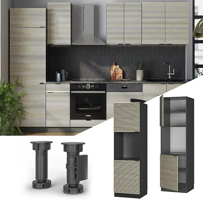 Vicco Schrankküche Fame-Line Eiche Paneel offen - Eiche Paneel, Herdumbauschrank hoch 60 cm offen - Moderne Küchenschränke mit hellen, horizontal gerillten Türen und dunkelgrauen Einheiten. Zwei dunkelgraue verstellbare Möbelfüße sind ebenfalls abgebildet.