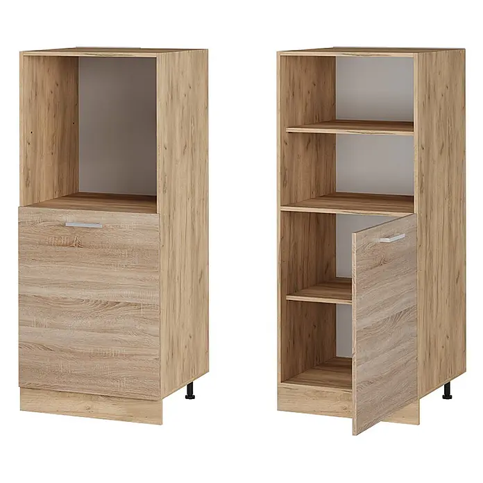 Vicco Schrankküche R-Line Sonoma - Sonoma, Backofenumbauschrank 60 cm (halb) - Hoher hellbrauner Schrank in Holzoptik mit offenen Regalen und geschlossenen Fächern, in zwei Ansichten.