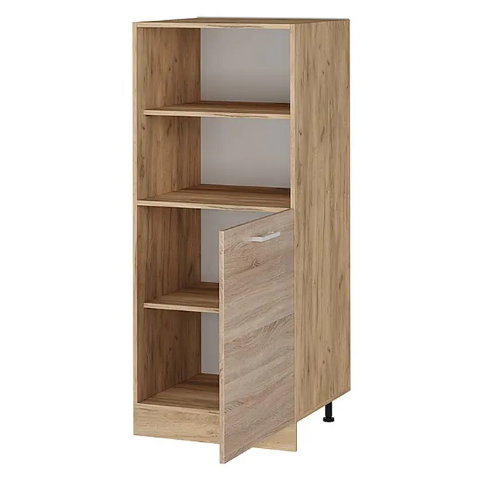 Vicco Schrankküche R-Line Sonoma - Sonoma, Backofenumbauschrank 60 cm (halb) - Hoher Schrank in heller Holzoptik mit offenen Fächern und einer Bodentür, auf kleinen Füßen stehend.