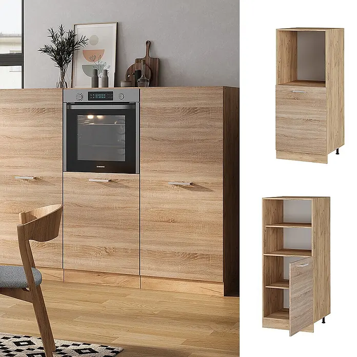 Vicco Schrankküche R-Line Sonoma - Sonoma, Backofenumbauschrank 60 cm (halb) - Moderne Küchenschränke in heller Eichenoptik mit integriertem Backofen. Inklusive modularer Hochschränke für die Küchengestaltung.