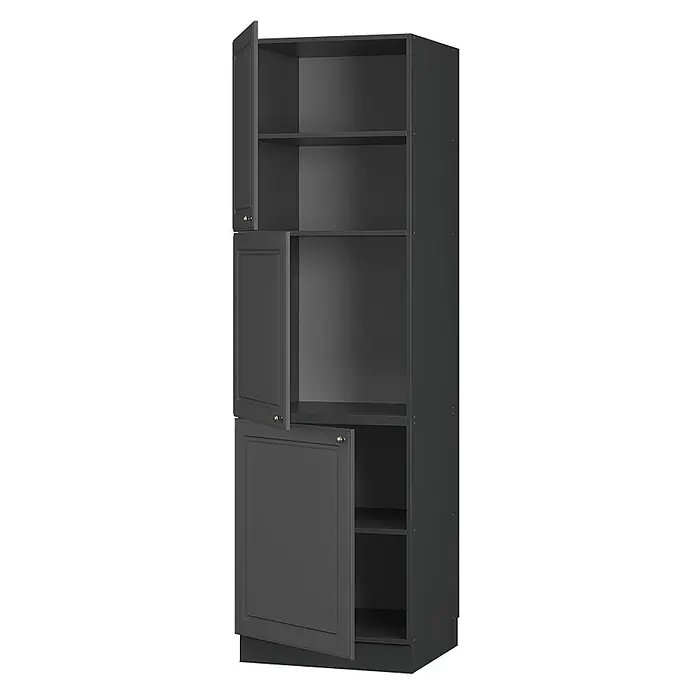 Vicco Vorratsschrank Fame-Line, Anthrazit-Gold Landhaus/Anthrazit 60 cm -  - Dunkelgrauer Hochschrank mit teilweise geöffneten Türen, der Innenfächer zeigt.