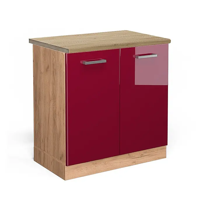 Vicco Schrankküche R-Line Rot Hochglanz, AP Eiche - Rot Hochglanz, Spülenunterschrank 80 cm - Zweitüriger Schrank mit heller Holzoptikplatte/-seiten und hochglänzenden roten Türen mit silbernen Griffen.