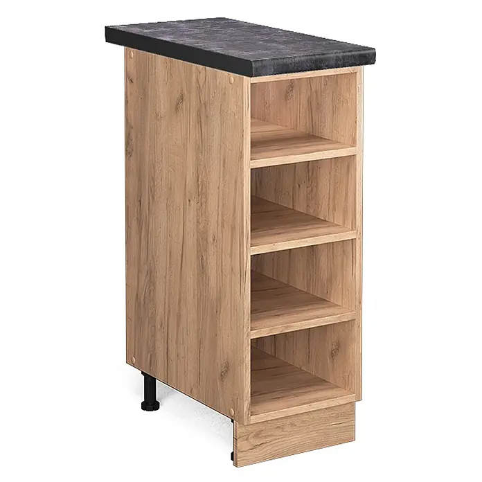 Vicco Schrankküche Fame-Line Goldkraft Eiche, AP Anthrazit - Goldkraft Eiche, Regalunterschrank 30 cm, AP Anthrazit - Hoher, heller Holzschrank mit strukturierter dunkler Arbeitsplatte und vier offenen Regalböden.