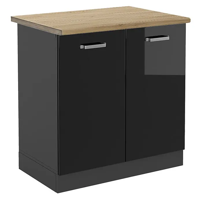 Vicco Schrankküche R-Line Schwarz Hochglanz, AP Eiche - Schwarz Hochglanz, Spülenunterschrank 80 cm - Kleiner schwarzer Hochglanzschrank mit zwei Türen, silbernen Griffen und heller Holzplatte. Dunkelgrauer Sockel.