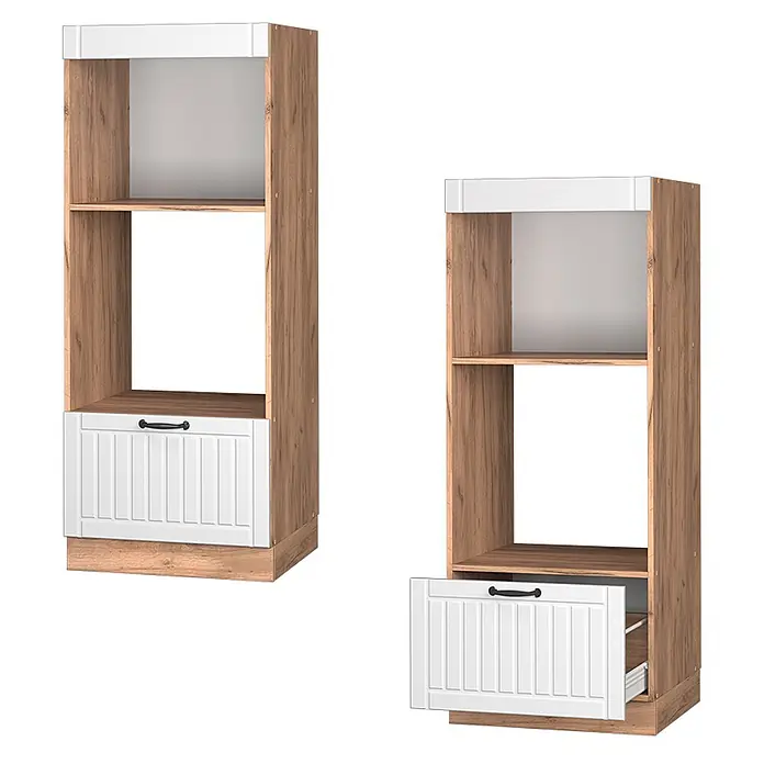 Vicco Schrankküche Fame-Line Weiß Landhaus - Weiß Landhaus, Mikrowellenumbauschrank 60 cm (offen) - Heller Küchenschrank aus Holz mit weißer geriffelter Schublade, schwarzem Griff. Zeigt eine Auszugsschublade, geschlossen und offen.
