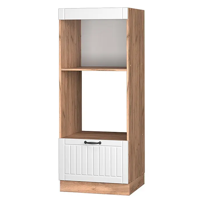 Vicco Schrankküche Fame-Line Weiß Landhaus - Weiß Landhaus, Mikrowellenumbauschrank 60 cm (offen) - Hoher Mehrzweckschrank in Holzoptik mit weißen offenen Fächern und unterer geriffelter Schublade mit schwarzem Griff.
