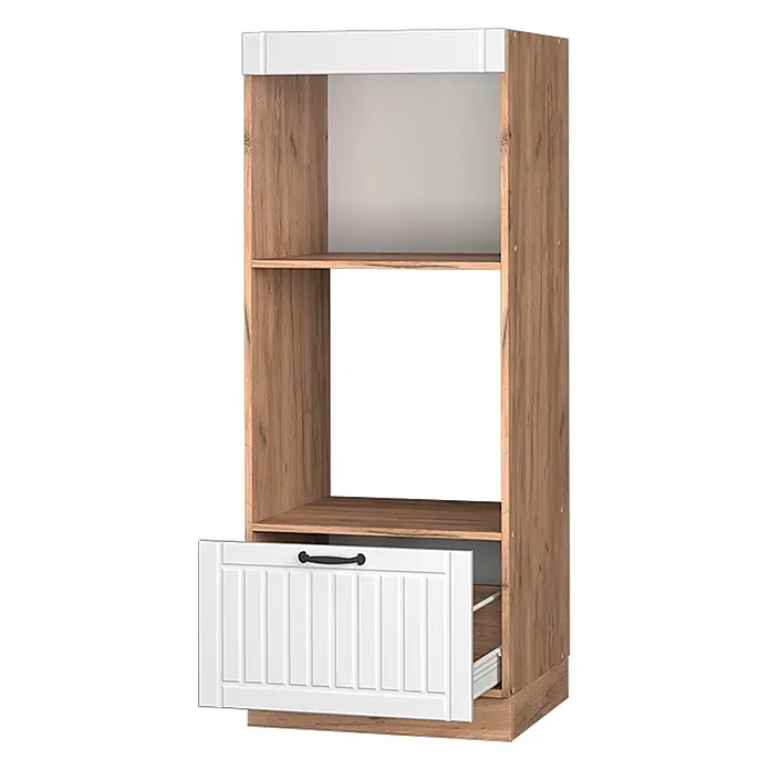Vicco Schrankküche Fame-Line Weiß Landhaus - Weiß Landhaus, Mikrowellenumbauschrank 60 cm (offen) - Hoher Küchenschrank in Holzoptik mit weißer Blende, offenen Fächern und einer leicht geöffneten weißen Lamellenschublade unten.