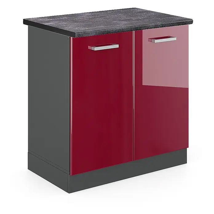 Vicco Schrankküche R-Line Rot Hochglanz, AP Anthrazit - Rot Hochglanz, Spülenunterschrank 80 cm - Kleiner dunkelgrauer Schrank mit strukturierter Arbeitsplatte und zwei hochglanzroten Türen mit silbernen Griffen.