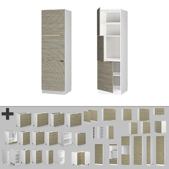 Vicco Schrankküche Fame-Line Eiche Paneel - Eiche Paneel, Vorratsschrank 60 cm - Modulare Küchenschränke mit hellen Holzlamellenfronten, geschlossen, offen und in verschiedenen Konfigurationen.