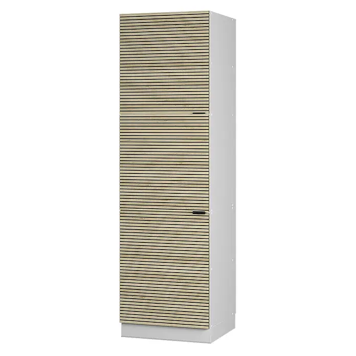 Vicco Schrankküche Fame-Line Eiche Paneel - Eiche Paneel, Vorratsschrank 60 cm - Hoher zweitüriger Schrank mit heller Holzlamellenfront, hellgrauen Seiten und schwarzen Griffen.