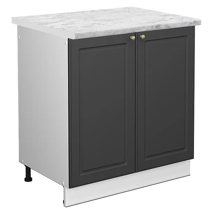 Vicco Schrankküche Fame-Line Anthrazit-Gold, AP Marmor - Anthrazit-Gold, Spülenunterschrank 80 cm, AP Marmor - Dunkelgrauer Unterschrank mit zwei Türen, weißer Marmor-Arbeitsplatte und Messinggriffen.